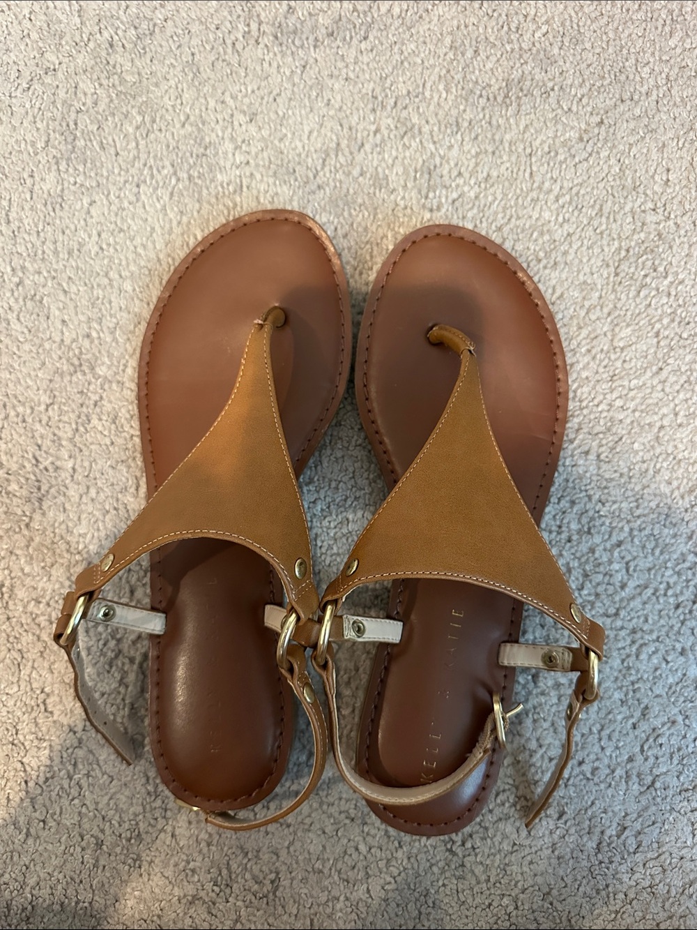 Kelly & Katie Women’s Tan Leather T-Strap Sandals with Gold Accent